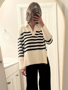 Cotton Striped V-Neck Collared Sweater